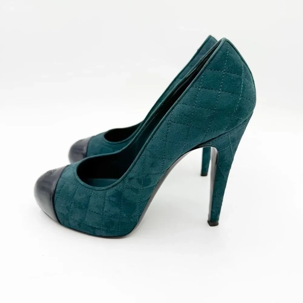 Chanel Teal Quilted Suede Cap Toe Pumps CC Logo Stiletto Heels EU 38